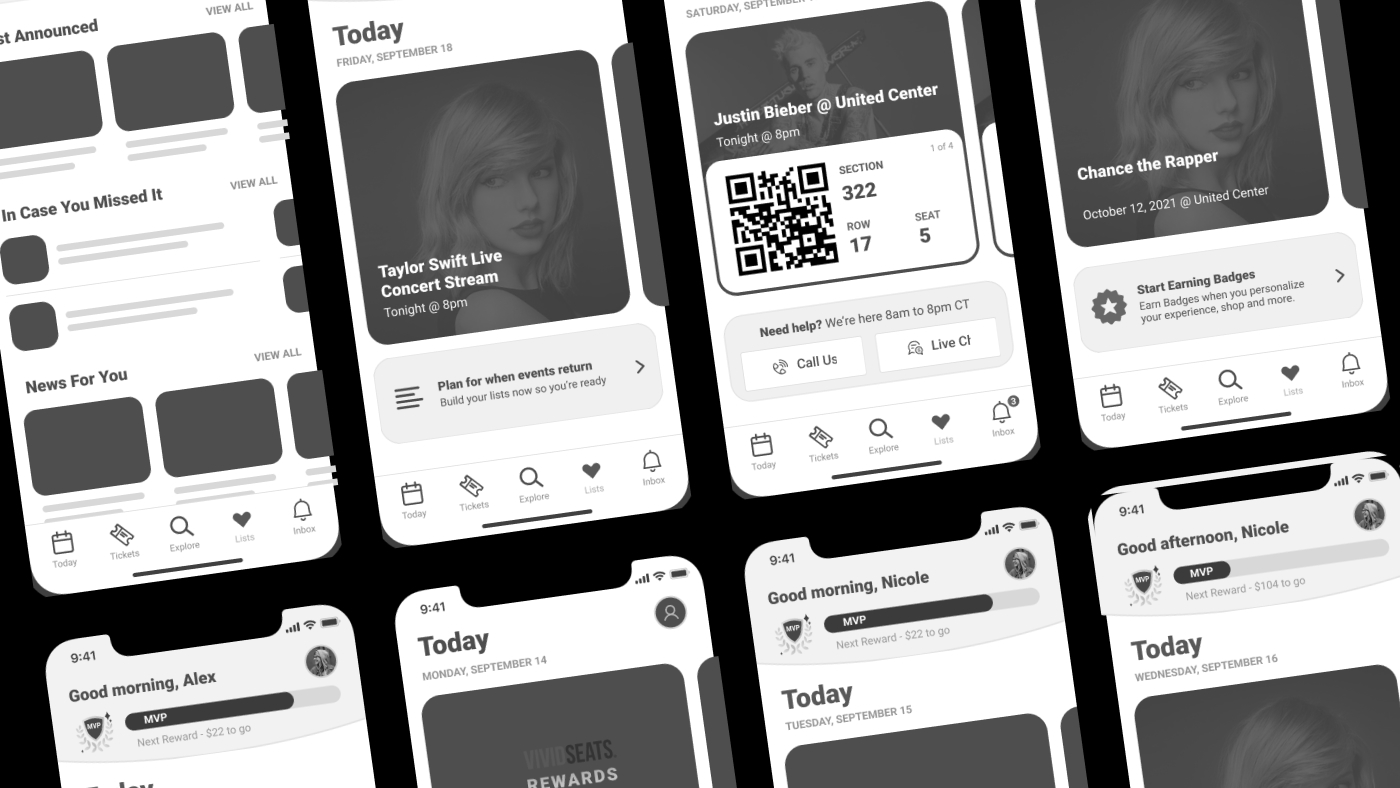 Wireframes for the "For You Today" home feed and Lists features, showing early layout explorations.